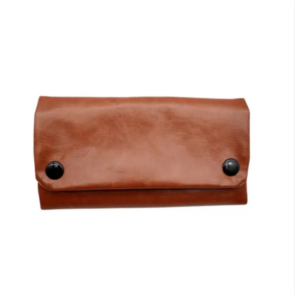 Leatherette tobacco pouch with two black snap buttons, warm brown