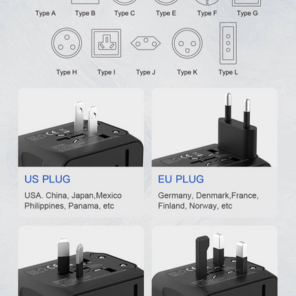 Travel adapter infographic showing plug types A–L for 150+ countries