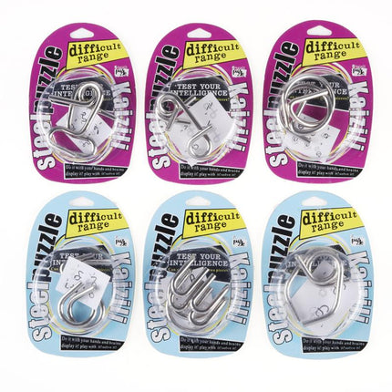 Assorted metal IQ puzzle kits with key-shaped metal parts on purple and light blue cards
