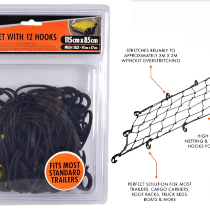 Elastic trailer net with 12 hooks, black stretch mesh, 115 x 85 cm