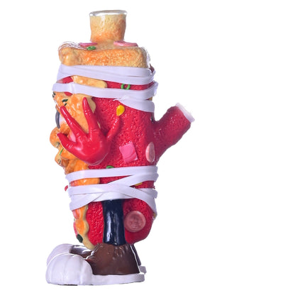 Pizza-themed glass water pipe, back/side view with clear glass bowl and wrapped torso
