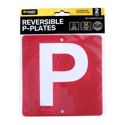 Reversible P plate sign, red square with white P letter, suction-cup backing dots