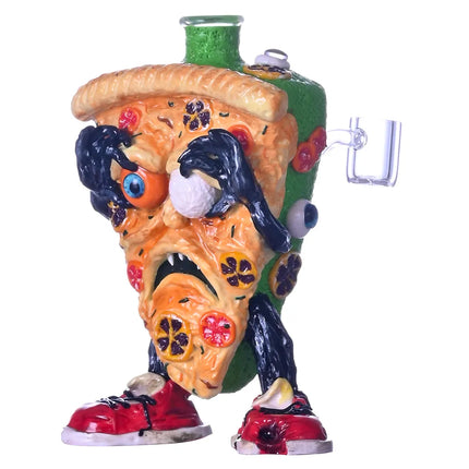 Cartoon pizza-themed glass water pipe with green back and curved spout design.