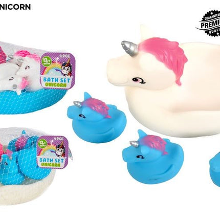 4-piece unicorn bath set with unicorn plush head and blue floating bath toys