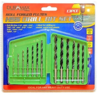 13-piece HSS drill bit set in green plastic case with assorted metal bits