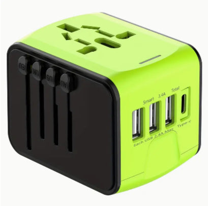 Green multi travel adapter with plug sockets and USB ports on side