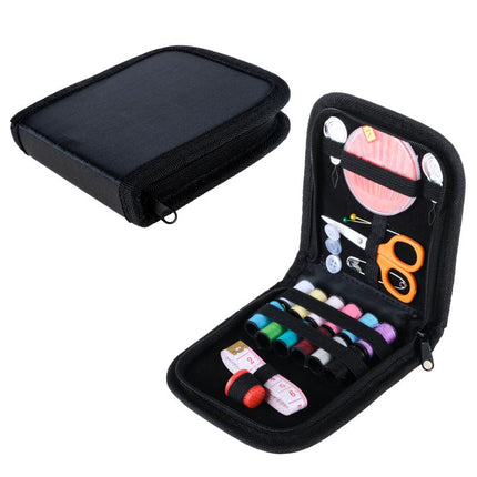 Folded black sewing travel kit case with zip; open case shows scissors, pins, and thread