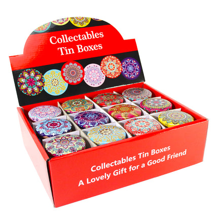 Decorative candle tin display pack, open red box with colorful mandala tins
