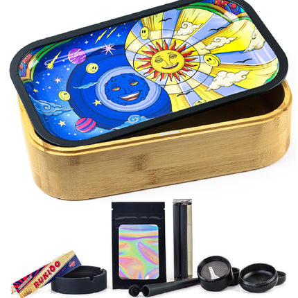 Wooden hash box set with magnetic lid, cosmic art top in gold case