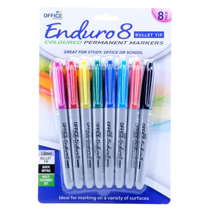 Pack of 8 colored permanent markers, bullet tips; bright pink, yellow, blue, teal, black