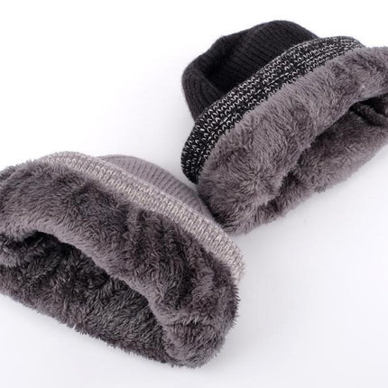 Thermal beanie for adults with folded cuff and plush fleece lining, dark and gray