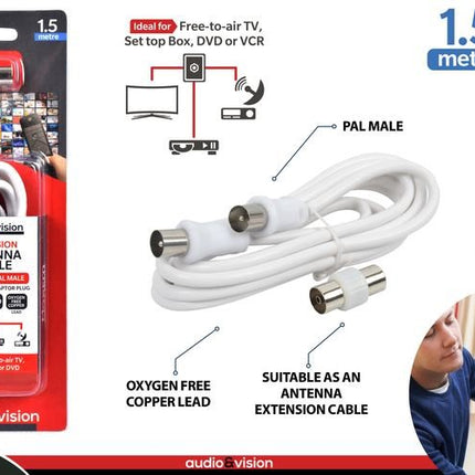 TV antenna cable with PAL male plugs and 1.5m white cord, two connectors shown