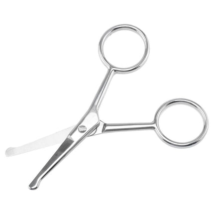 Stainless steel pet facial shears with round finger loops and white comb tip