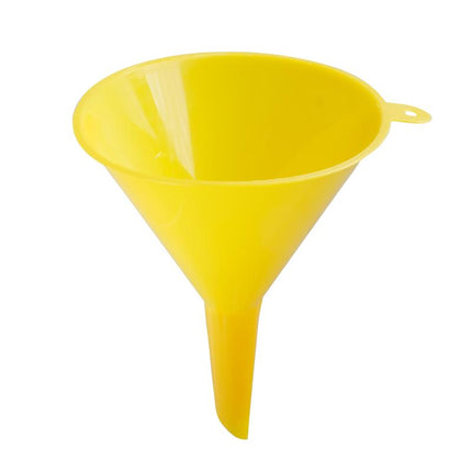 Yellow plastic funnel with wide rim and side spout