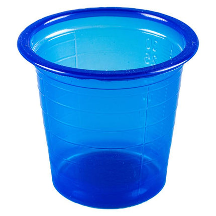 Disposable blue shot cup, 30 ml, plastic with molded grip lines.