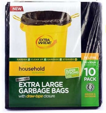 Extra large black garbage bags with draw-tape closure, 76 L, 10-pack