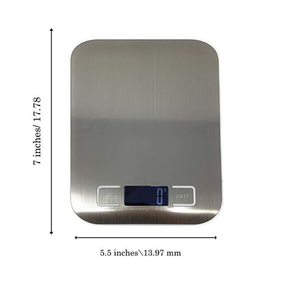 Digital kitchen scale with LCD screen, size diagram markings on the side