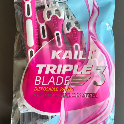 KAILI Triple Blade disposable razor pack, 5 count, blue pouch with pink blades