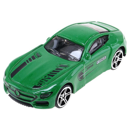 Die-cast metal sports car, green with black windows and silver wheel rims
