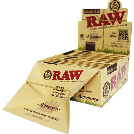 RAW Artesano organic hemp rolling papers box with booklet and loose papers