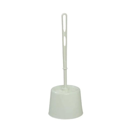 White toilet bowl brush with matching round holder and plastic bristles