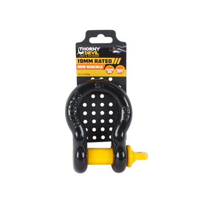 Packaged black bow shackle with yellow pin and perforated pin plate