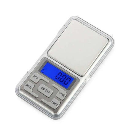 Digital scale with blue LCD reading, top glass weighing platform, and control buttons