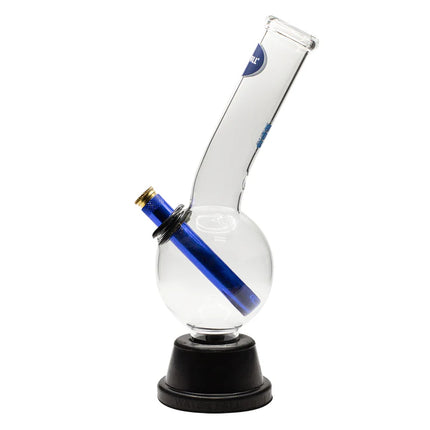 Clear glass water pipe with blue downstem and black rubber base, angled view