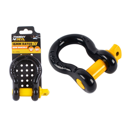 Rated bow shackle with black steel body and yellow locking pin, 16mm