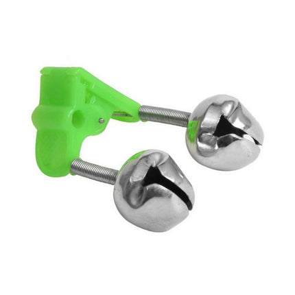 Green rod bell holder with two silver bells on spring clips