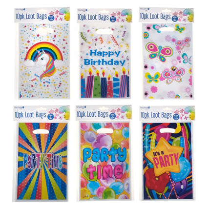 10pk birthday loot bags with rainbow unicorn, confetti, and colorful patterns