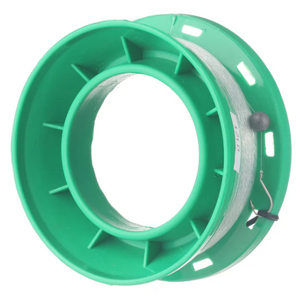 Green fishing line spool with grey line and metal guide clip on rim