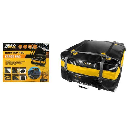 Black and yellow PVC cargo bag with THORNY DEVIL logo, front buckles, and side loops