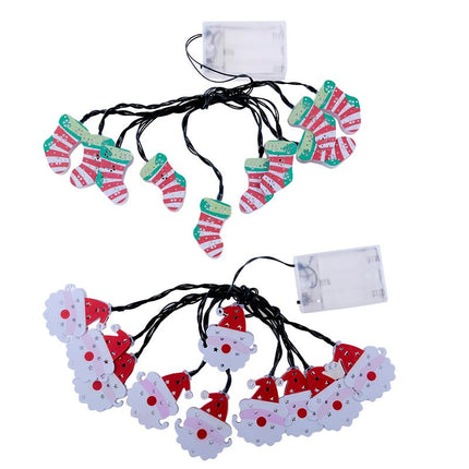 Christmas LED string lights with stockings and snowmen, black wire, battery box