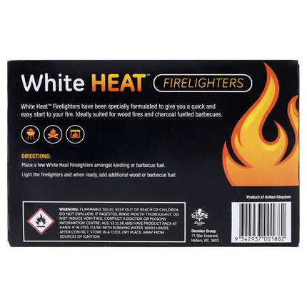 Back of black firelighter box with Firelighters label, directions, and warning icons