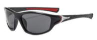 Men's sport sunglasses, black frame with red accents and dark gray lenses