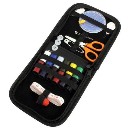 Zippered black sewing travel kit with orange scissors, blue needle minder, and thread spools