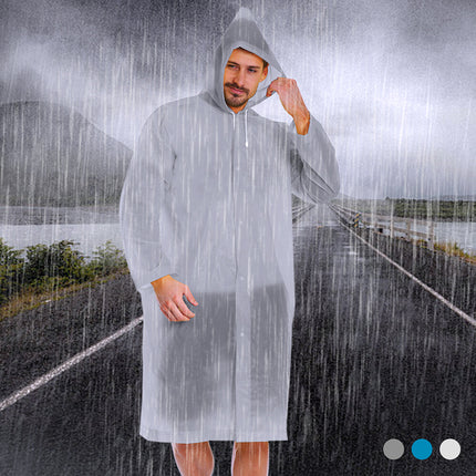 Clear hooded disposable rain poncho with loose sleeves and full-length cut