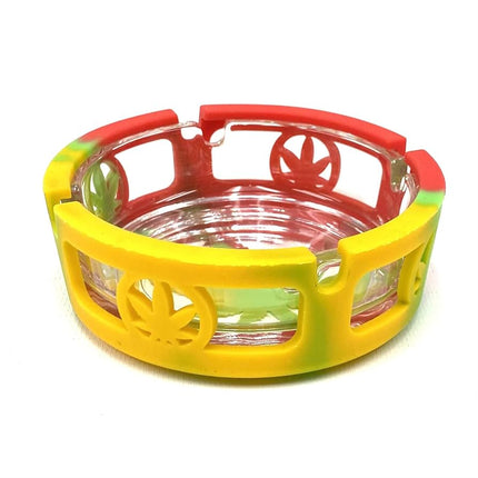 Round silicone-glass ashtray in yellow, red, and green with peace icon cutout rim