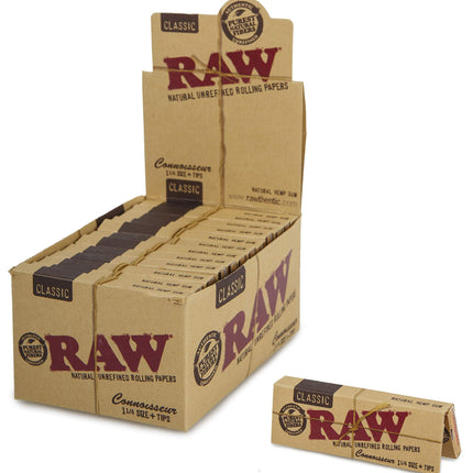 RAW Classic Connoisseur rolling papers with 1 1/4 size tips, boxed set