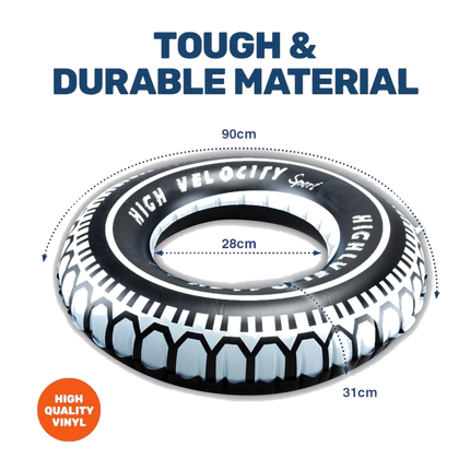 Inflatable 90cm swim ring with black tire tread pattern and gray/white graphic detail