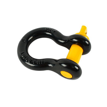 Black bow shackle with yellow pin, heavy-duty lifting connector