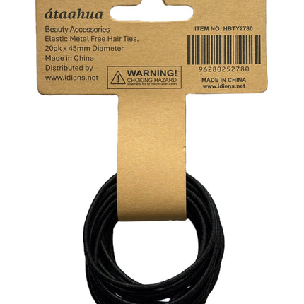 Back card for black thin metal-free hair ties, 20 pack with warning label
