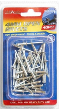 4mm open rivets, 40-piece metal fastener pack in blister card