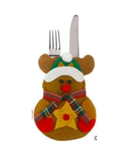 Christmas cutlery cover with reindeer face, plaid scarf, antlers, holds fork and knife