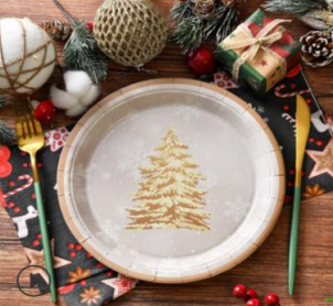 Gold Christmas tree design paper plate with decorative border