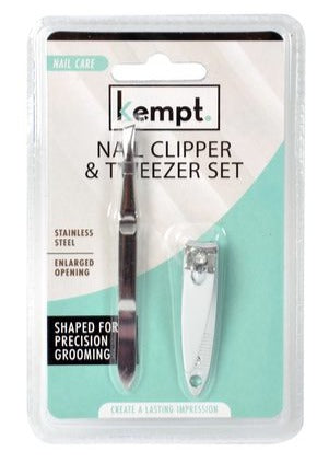 Nail clipper and tweezer set in stainless steel, blister-pack grooming kit