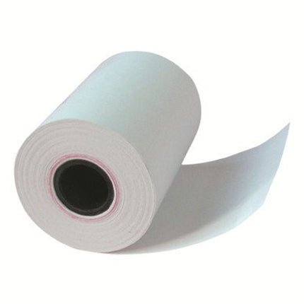 Thermal paper roll with hollow center, white paper wound into a large cylinder