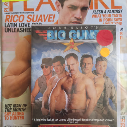 Adult entertainment magazine/DVD in clear cassette case with group men cover, orange and blue