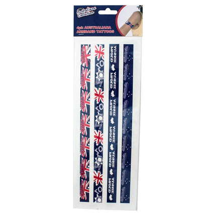 Set of 4 tattoo armbands, blue with Union Jack and patterned Australian text
